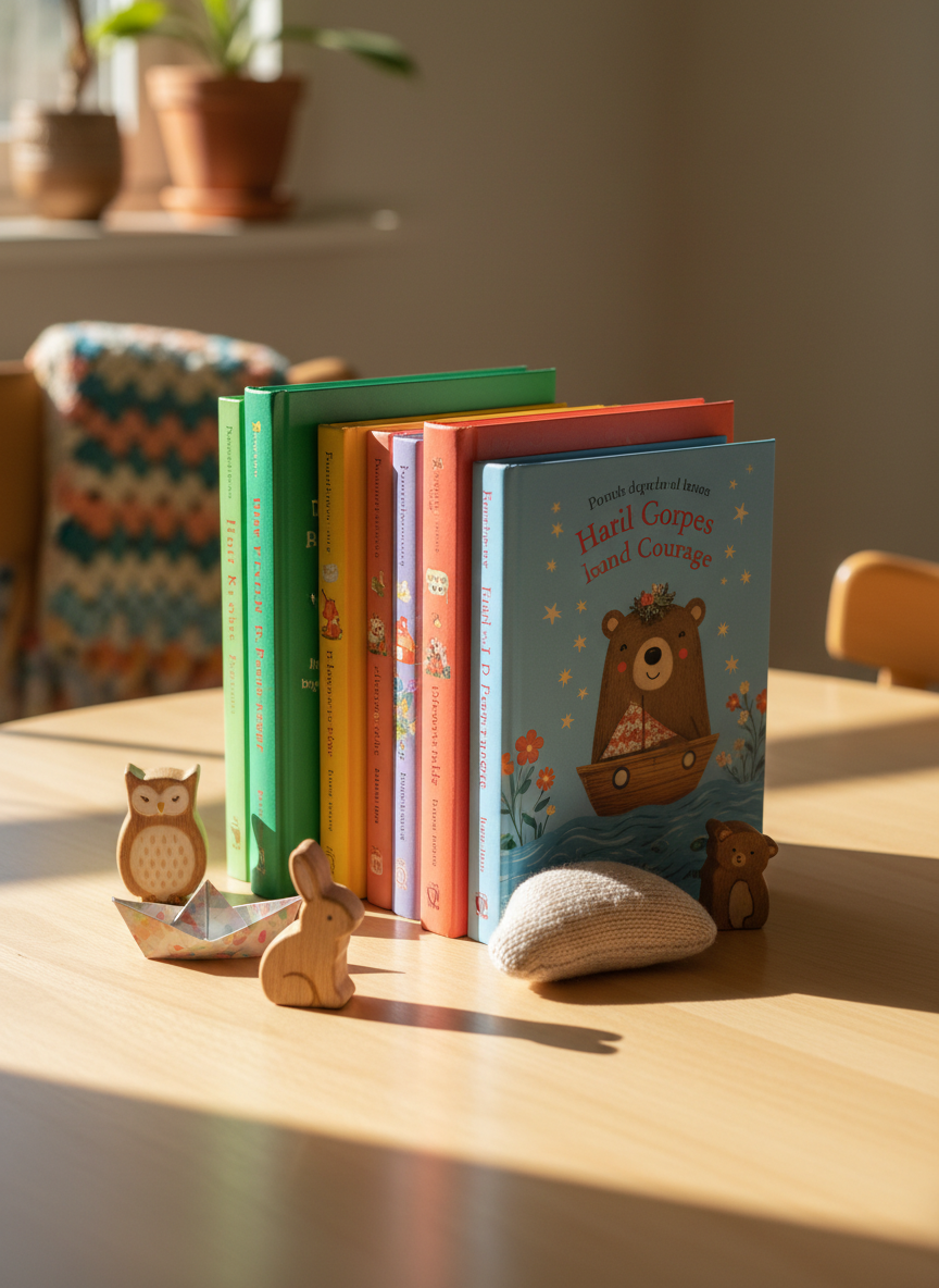 A stack of colorful, hardback children’s books with whimsical, nature-inspired covers, neatly arranged on a light wooden table. Around the books, small carved wooden animals, a soft knitted cloud, and a tiny paper sailboat suggest gentle adventure and imagination. Warm afternoon sunlight from a nearby window washes the scene in a golden glow, casting soft, playful shadows. Photographic realism with a shallow depth of field keeps the focus on the book spines and their bright, inviting colors, while the background blurs into a cozy, home-like interior. The mood is joyful, safe, and welcoming, perfectly suited to Christian children’s stories full of hope and wonder.