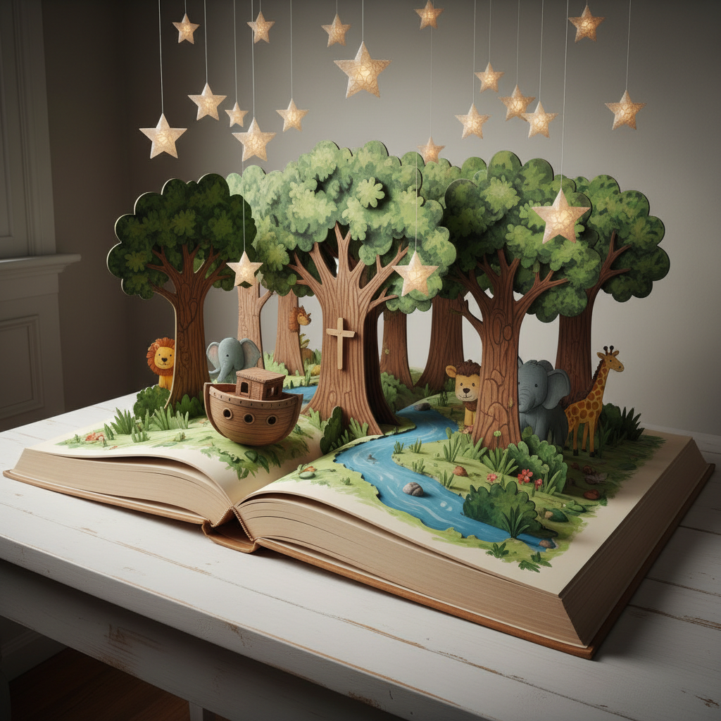 A whimsical, photographic scene of a fantasy forest growing out of an open children’s book, placed on a white desk. From the pages, tiny, glowing paper stars hang from invisible threads, a miniature wooden ark floats on a painted blue river, and small cardboard animals peek from behind painted trees. A subtle wooden cross is carved into a tree trunk, integrated naturally into the design. Soft, diffused studio lighting creates clear detail with gentle shadows, emphasizing textures of paper, wood, and ink. Captured from a low, cinematic angle, the book fills the foreground while the imaginative world rises behind it. The atmosphere is playful, adventurous, and full of childlike faith and wonder.