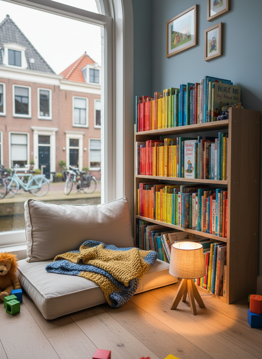 A cozy reading nook in a Dutch family living room, centered around a low bookshelf filled with bright Christian children’s books by Shirley, their spines forming a cheerful rainbow. A large, overstuffed cushion and a folded knitted blanket sit beside the shelf, while a small wooden lamp with a warm bulb casts a golden, inviting circle of light. Through a nearby window, a hint of a Dutch street with brick houses and bikes is softly blurred. Photographic realism from an eye-level perspective, with sharp focus on the books and gentle bokeh in the background. The mood is homely, playful, and joyful, evoking shared bedtime stories and quiet afternoon reading.